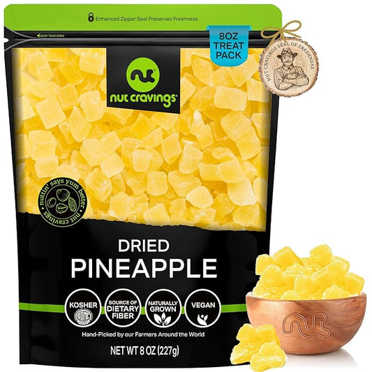 NUT CRAVINGS - Sun Dried Pineapple Chunks, Lightly Sweetened (8oz, 1 Pack) Bulk Dry Fruits Packed Fresh in Resealable Bag - Sweet Healthy Snack, Naturally Grown, Vegan, Kosher