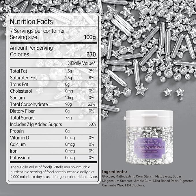 Dazzjoy Edible Silver Star Pearl Sprinkles, Ball Sugar Candy, Edible Silver Pearls for Cake Sprinkles, 130g/4.58oz, Cupcake & Cookies Topper Decoration, Wedding Party Halloween Christmas Supplies