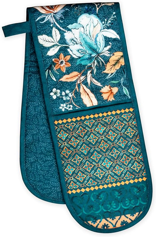 Maison d' Hermine Double Oven Mitts 100% Cotton 7"x35" Double Oven Mitt Heat Resistant BBQ Cooking Gloves with Loop, Baking, Grilling, Home, Kitchen, Handling Hot Pans (Luxury Loft-Dark Teal)