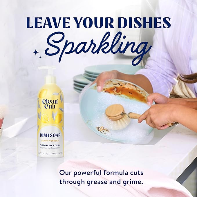 Cleancult Dish Soap Liquid Refills - Plant Based Cleaning Power - Cuts Grease & Grime - Free of Harsh Chemicals - Uses 90% Less Plastic - Lemon Verbena - 32 oz/3 Pack