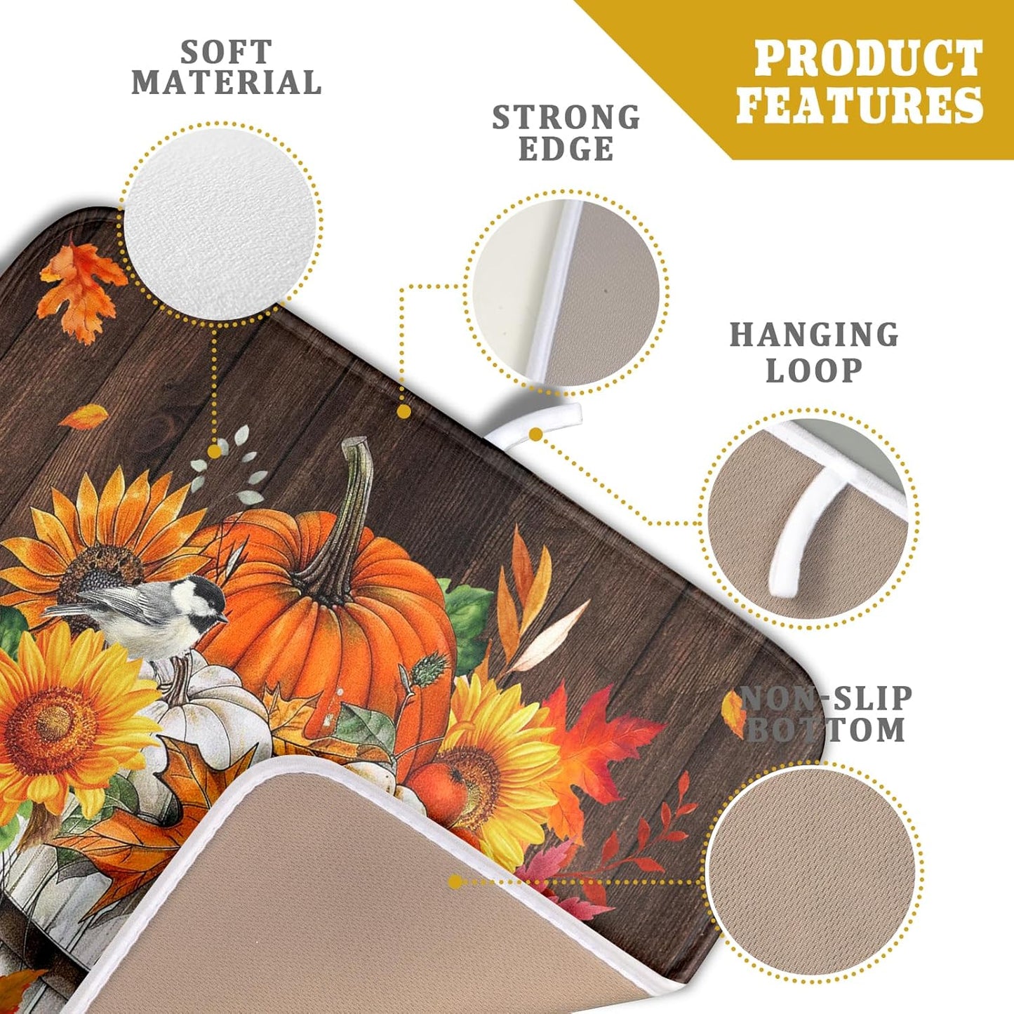 Fall Pumpkin Dish Drying Mat for Kitchen Counter Decor 16x18 Inch Halloween Thanksgiving Dish Drainer Mats Absorbent Reversible Dishes Pad