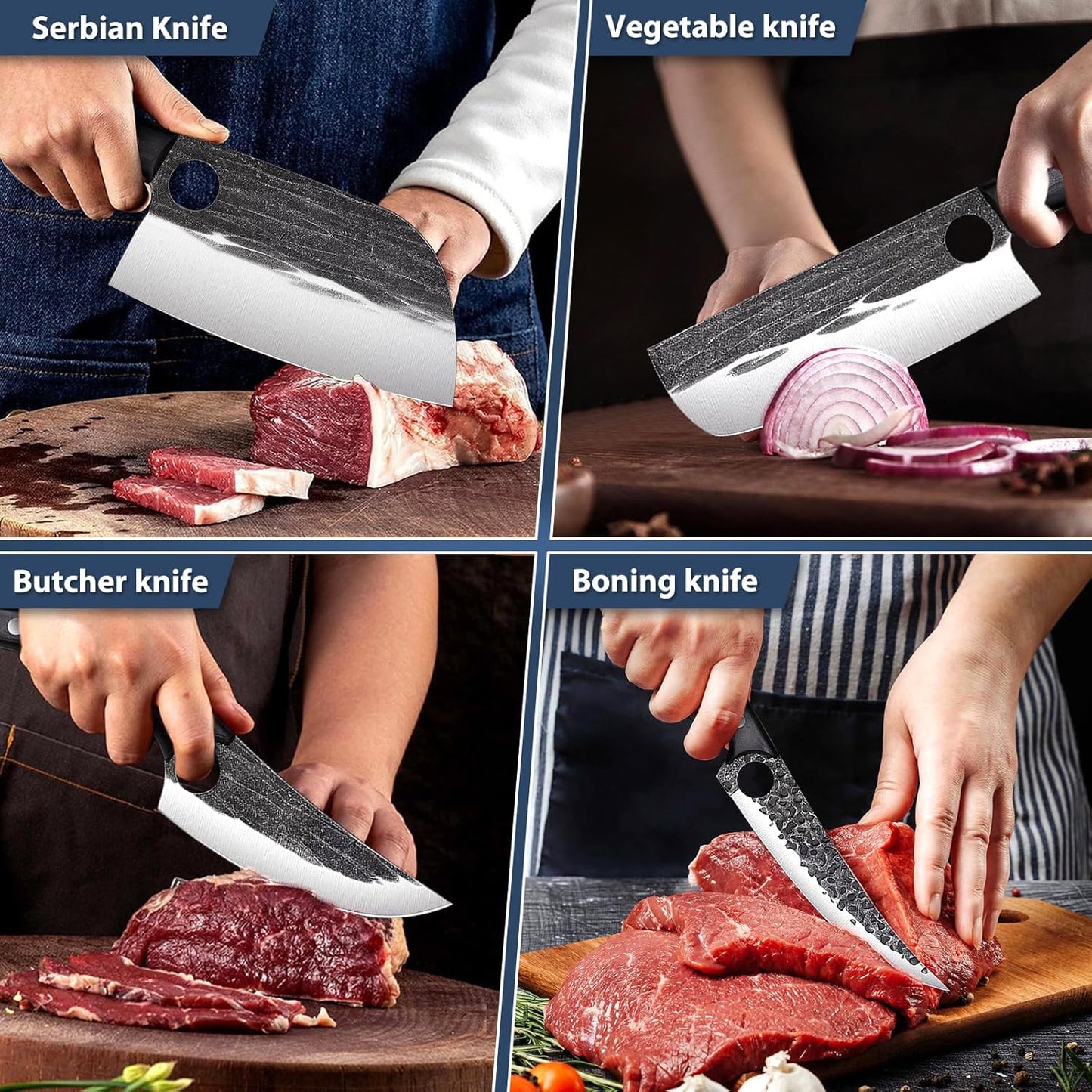 TIVOLI Professional Butcher Knife Set for Meat Processing, 7Pcs High Carbon Steel Hand Forged BBQ Knife Sets, Serbian Chef Knife Set with Ergonomic Handle for Kitchen Outdoor Cooking Father's Day Gift