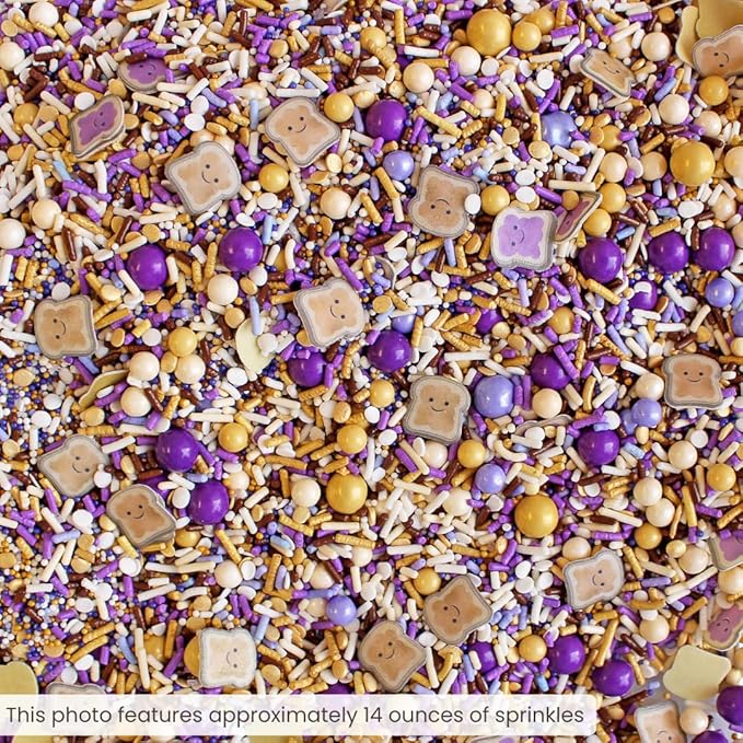 Sprinkle Pop PB&J Sprinkle Mix| lavender Purple Gold Cream Chocolate Sprinkles with ~20 Peanut Butter & Grape Jelly Slice Wafer Papers| Sprinkles Made in USA for Decorating Cake Cupcakes Cookies, 4oz