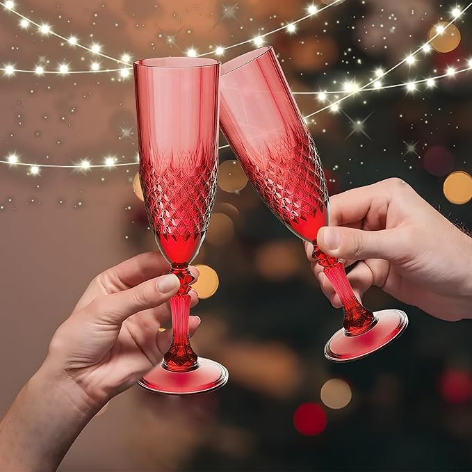 Plastic Champagne Flutes, 12PCS Dark Red Plastic Wine Glasses Goblets Reusable Champagne Flute for Christmas, Weddings, Bachelor Parties, Toasting, and Events(12, Dark Red)