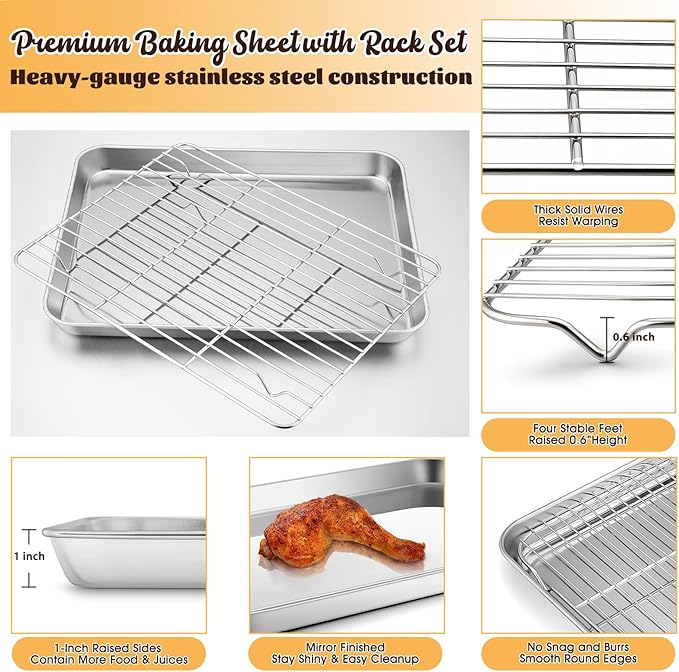Stainless Steel Baking Sheet with Rack Set, E-far 12.4”x9.7” Cookie Sheet Broiling Pan for Oven, Rimmed Metal Tray with Wire Rack for Cooking/Baking/Cooling/Bacon, Non-toxic & Dishwasher Safe