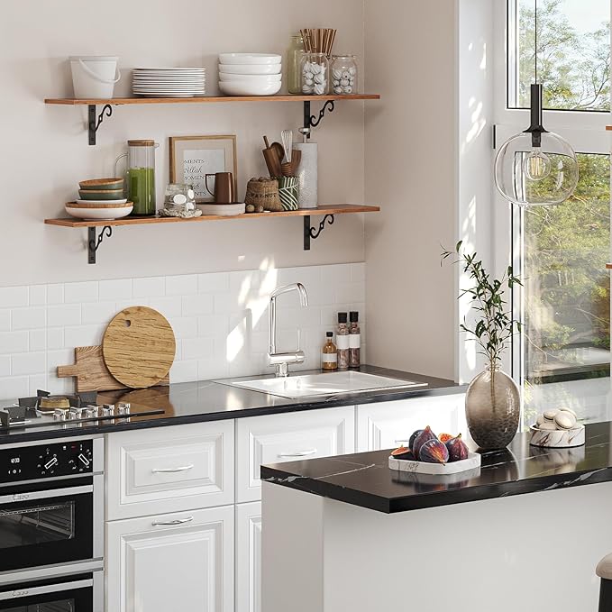 DINZI LVJ Long Wall Shelves, 55.1" Large Floating Shelves Set of 2, Wide Display Shelf Wall Mounted with Brackets, Easy Hanging for Living Room, Toilet, Office, Bedroom, Rustic Brown