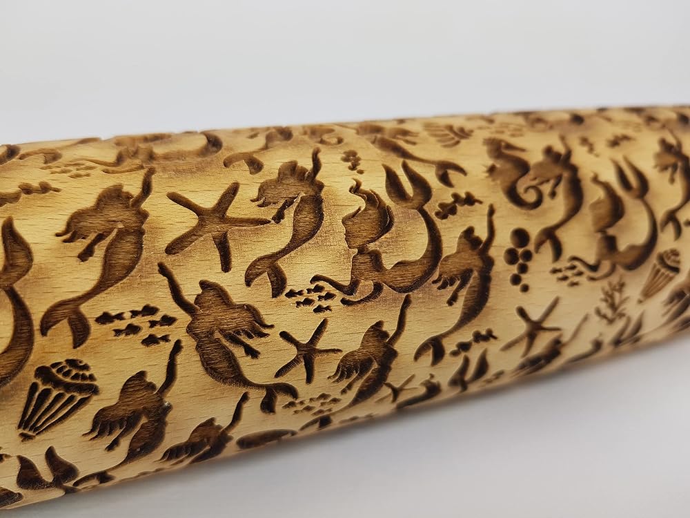 MERMAID Embossing Rolling Pin> Laser Engraved Wooden Dough Roller with Ocean Symbols