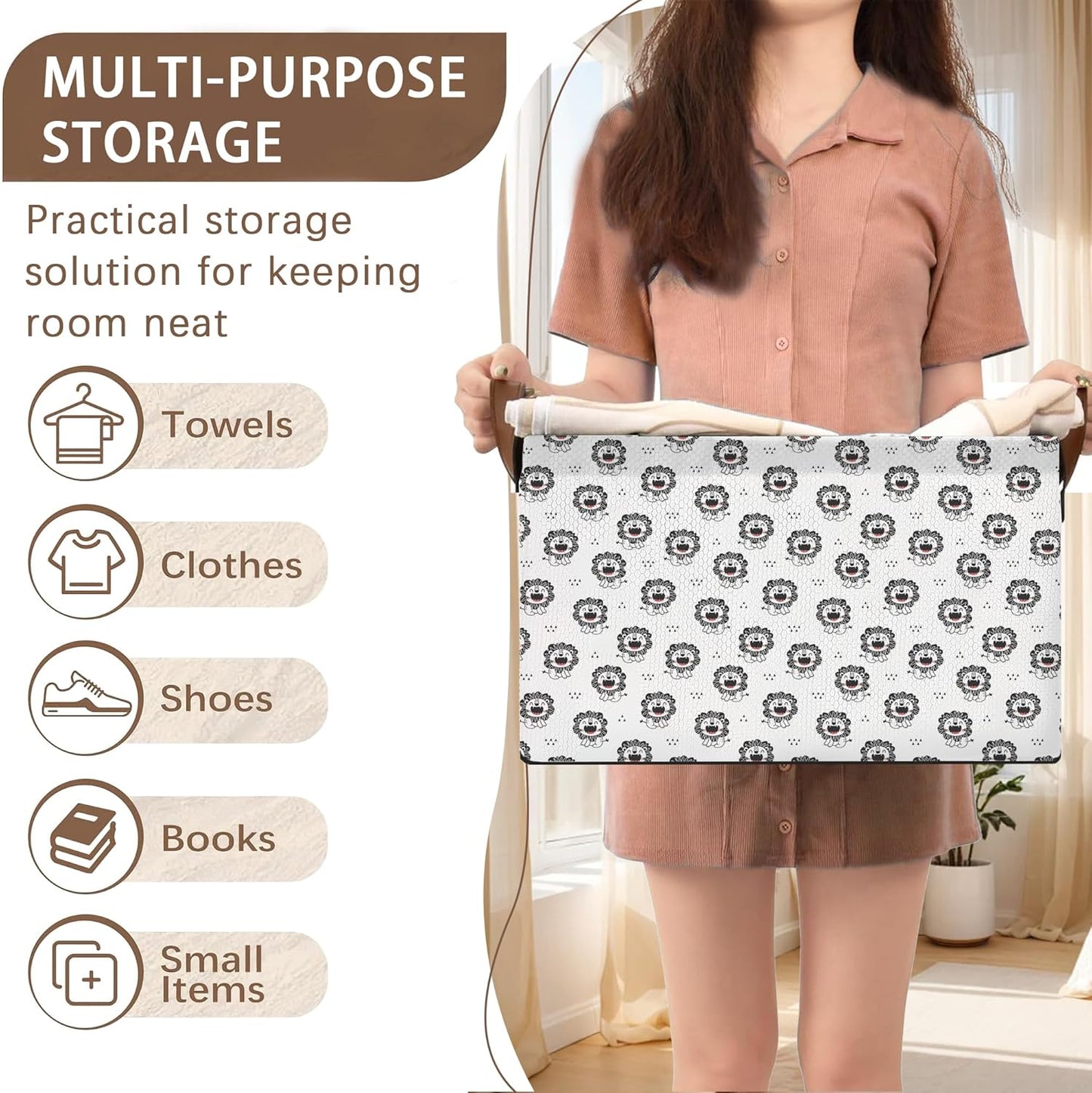 Wild Animal Storage Basket Large 17x11.5x10.5 Inche-Collapsible Fabric Organizer Bin with Handles for Nursery, Kids Room, Safari Theme-Decorative Hamper with Playful Lion Silhouette Design-Single Pack