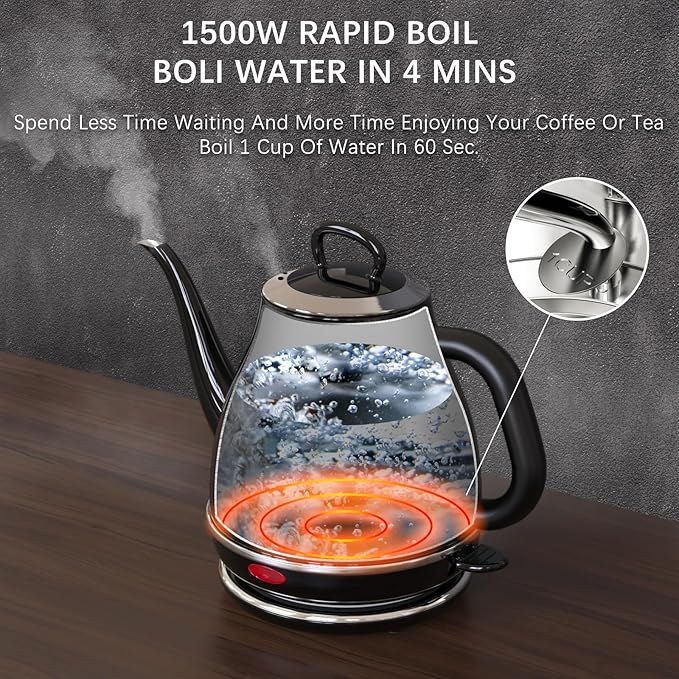 Electric Gooseneck Kettle, 1L 1500W Fast Boil, 100% Stainless Steel BPA Free Pour-Over Coffee & Tea Kettle, Water Boiler with Auto Shut & Boil-Dry Protection, Black