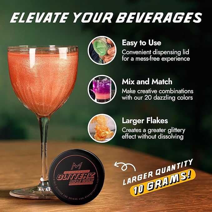 MONÉGASQUE Rose Gold Edible Glitter for Drinks 10g – Rose Gold Edible Glitter for Cakes – Halloween Chocolate, Cupcake, Strawberries, & Cake Decorations Sparkles – Cocktails & Drink Shimmer Powder