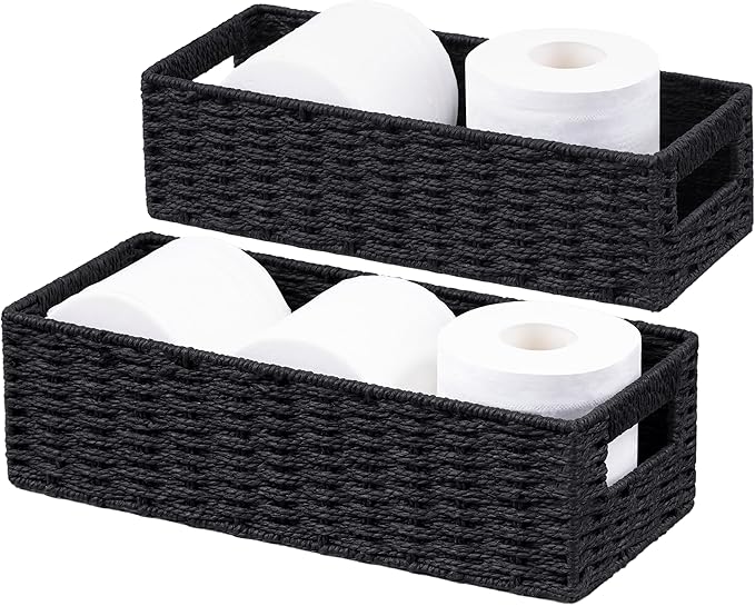 UBBCARE Toilet Tank Basket for Bathroom, Hand Woven Paper Wicker Basket for Organizing, Countertop Decorative Storage Basket with Handles, 2-Pack, Black