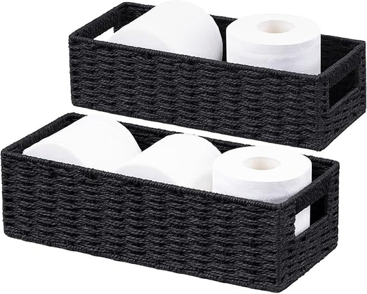 UBBCARE Toilet Tank Basket for Bathroom, Hand Woven Paper Wicker Basket for Organizing, Countertop Decorative Storage Basket with Handles, 2-Pack, Black