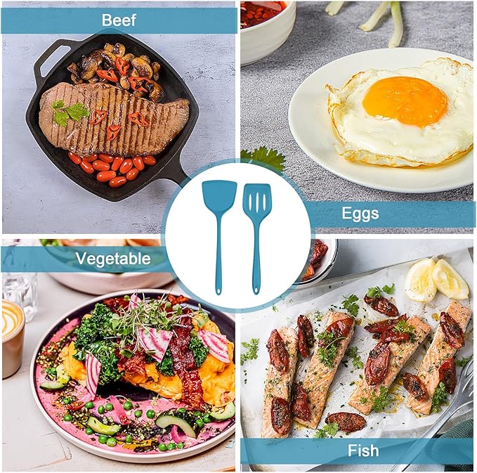 TeamFar Silicone Spatulas Set of 2, Solid & Slotted Cooking Turner for Non-stick Cookware, for Flipping/Turning/Frying, Healthy & Seamless, Heat-Resistant & Non-Scratch, Dishwasher Safe, Dark Blue