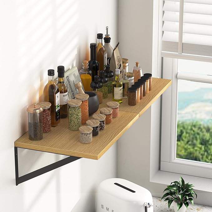 Heimlove 12 Inch Deep Floating Shelves for Wall, 16W x 12D Wood Wall Shelves Set of 2, Rustic Oak Wide Floating Bookshelf for Living Room, Kitchen, Office, Bedroom, with Black Metal Bracke - Oak