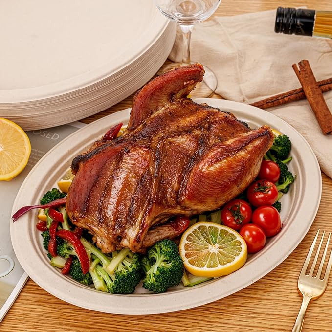 WELLIFE 100% Compostable Oval Paper Plates 12 Inch, 125-Pack Heavy Duty Paper Plates Bulk,Biodegradable Bagasse,Eco-Friendly Disposable Dinner Plate for BBQ,Picnic,Party (BPI Certified,Microwaveable)