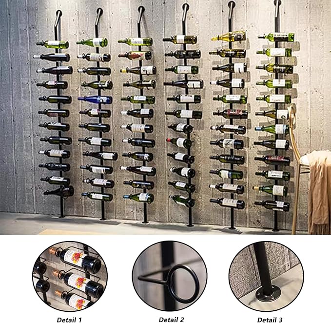 Wine Rack Wall Mounted, 72.8in High Metal Wine Bottle Holder for 12 Bottles, Kitchen Organization and Wine Storage for Commercial Restaurants Pantry Bar Wine Cellar (Black, Two rows-24 Bottles)