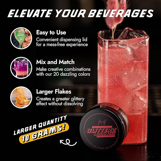 MONÉGASQUE Sakura Pink Edible Glitter for Drinks 10g – Pink Edible Glitter for Cakes & Cocktails – Halloween Drink Shimmer Powder – Sparkles for Drinks – Food & Cake Decorations Spray Sprinkles