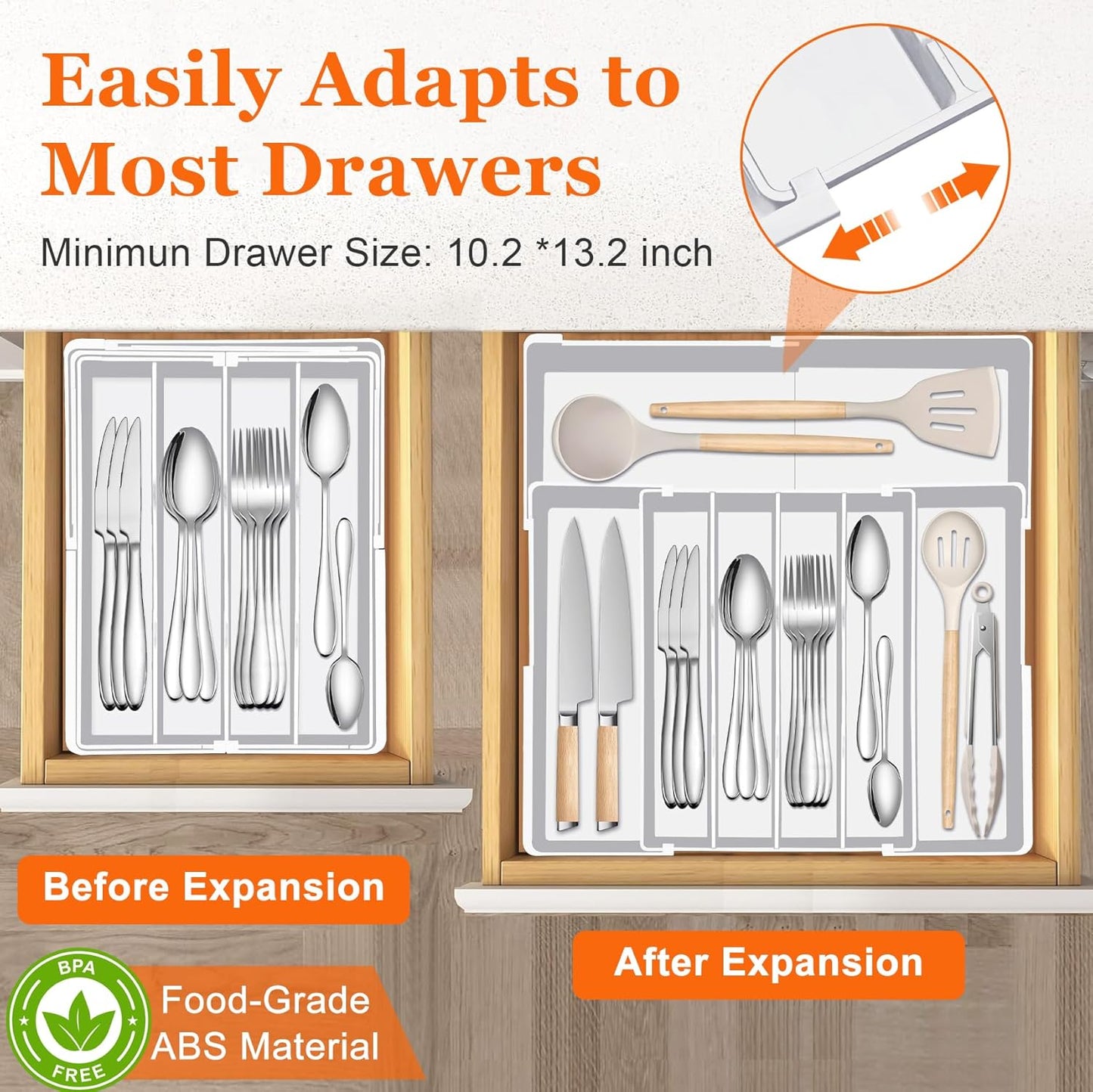Silverware Organizer - Expandable Silverware Tray for Drawer, Adjustable Utensil Drawer Organizer for Forks, Knives, Kitchen Organizers and Storage, White