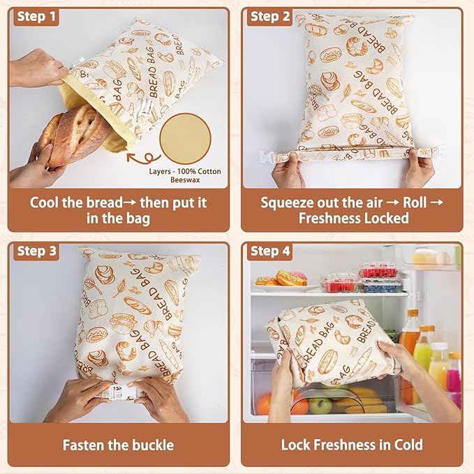 2 Pack Beeswax Bread Bags - Large Reusable Cotton Linen Food Storage Covers for Sourdough & Homemade Bread, Waxed Bags Keep Bread Fresh, Proofing Bag Freezer-Safe, Easy Clean