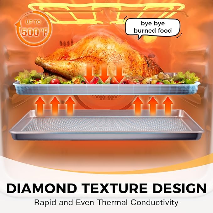 HONGBAKE 3 Pack Nonstick Ceramic Baking Sheet Pan Set for Oven, Non-Toxic Half/Quarter/Jelly Roll Pans with Diamond Texture, Heavy Duty 0.8mm Aluminized Steel Cookie Trays for Cooking, Light Grey