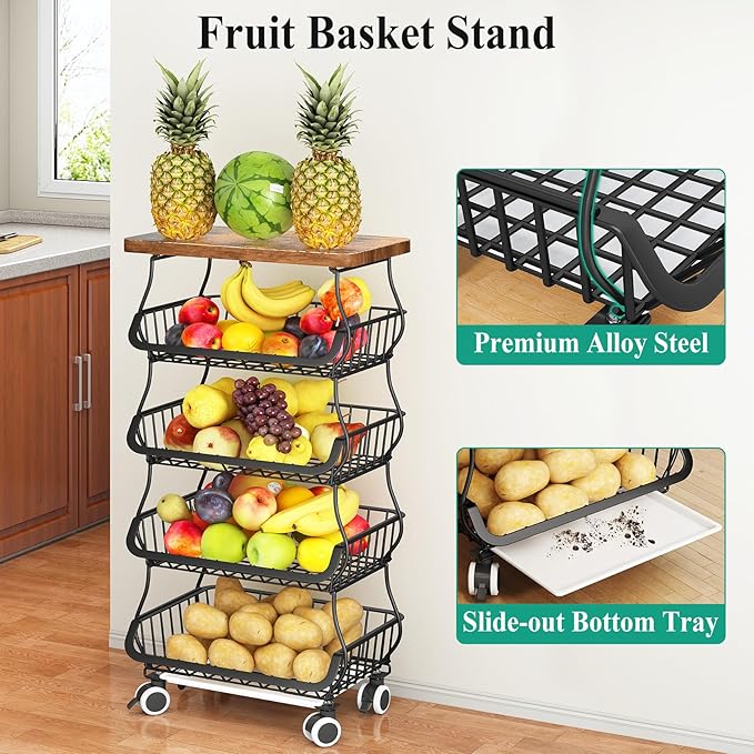Fruit Basket Kitchen Pantry Organizers and Storage - Wooden Top Table, Stackable Metal Wire Basket Stand Cart for Fruit Vegetable Snacks Jars Bins Containers Organization, Black