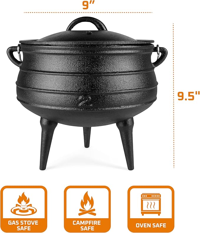 Bruntmor Pre-Seasoned Cast Iron Cauldron - 6 Quart African Potjie Pot with Lid - 3-Legged Dutch Oven for Camping and Over-the-Fire Cooking - Durable Outdoor Cookware for Stews, Chili, and Slow Cooking