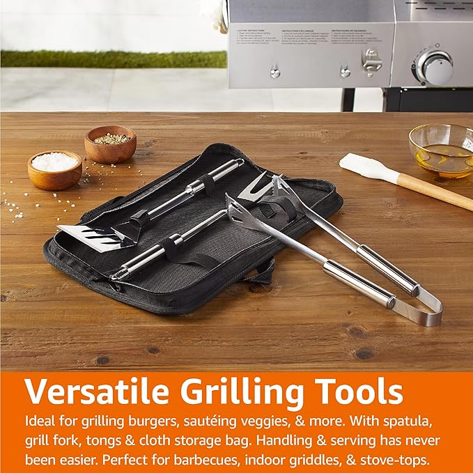 Amazon Basics 4-Piece Stainless Steel Barbeque Grilling Tool Set with Carry Bag