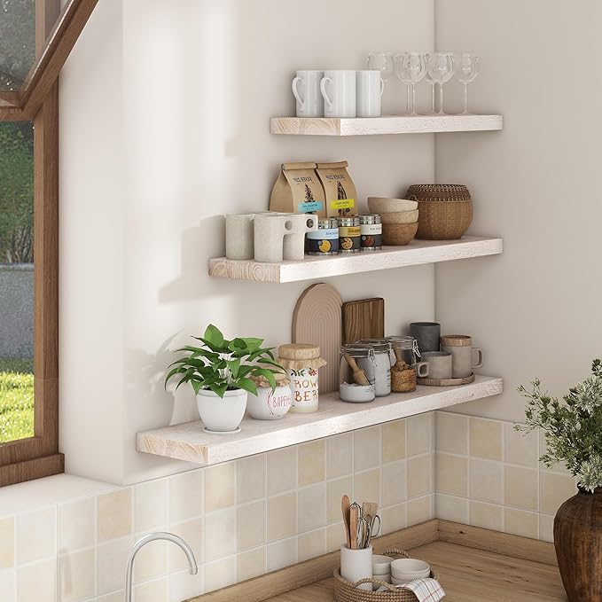 Axeman Floating Shelves for Wall - 32''W x 8'' D Rustic Solid Elm Wood Shelves for Storage, Wall Mounted Display Shelving with Invisible Heavy-Duty Metal Bracket (White Wash, 2PCs)