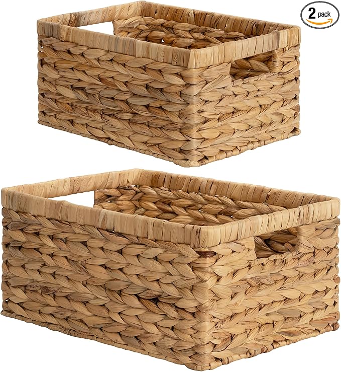 StorageWorks Wicker Storage Baskets, Handwoven Water Hyacinth Basket for Organizing, Decorative Organizers with Built-in Handles, Set of 2