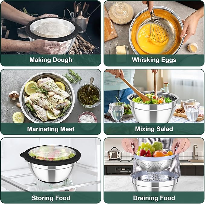 TeamFar Mixing Bowls with Colander Set, Stainless Steel Strainer and Nesting Salad Bowls, with Lids & 3 Graters, Non-Slip Bottom & Visible Lid, Rotatable & Dishwasher Safe, 4.6/3/1.5 QT, Black