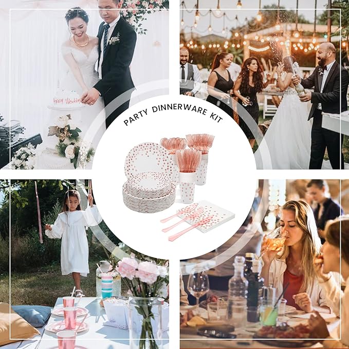 AIRE 350PCS White Rose Gold Paper Plates Party Supplies for 50 Guests Dinnerware Sets Disposable Party Decorations Paper Plates Napkins Cups Plastic Forks Knives Spoons For Birthday Wedding, Parties