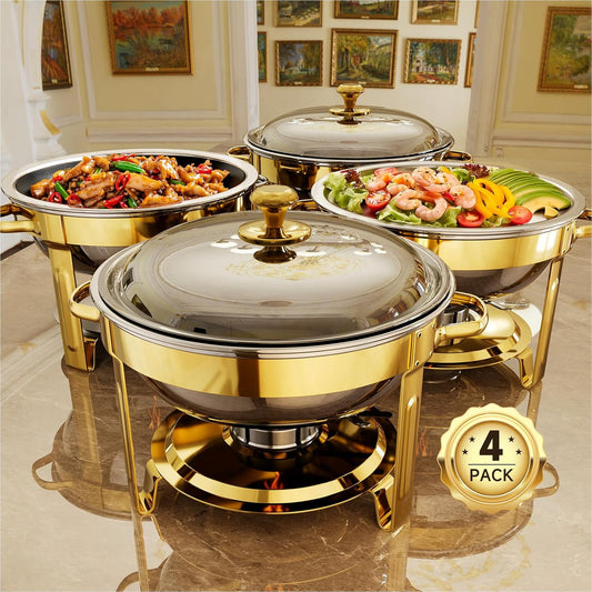 Chafing Dishes for Buffet, 4 Pack 5QT Round Stainless Steel Chafing Dish Set for Home Parties, Christmas Gatherings, Catering Events Complete Buffet Warmer Set (Golden 4)