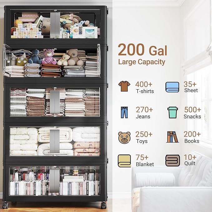 800QT Stackable Storage Bins with Lids, 200Gal Extra Large Collapsible Storage Box with Wheel, Plastic Storages with Clear Door Open Front for Home Living Room Garage, Black-5pack(5 lids)