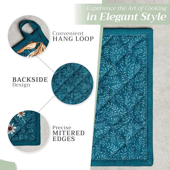Maison d' Hermine 100% Cotton Oven Mitt & Pot Holder Set (7.5"x13" & 8"x8") Heat Resistant BBQ Cooking Gloves with Loop, Baking, Grilling, Kitchen, Handling Hot Pans (Luxury Loft-Dark Teal)