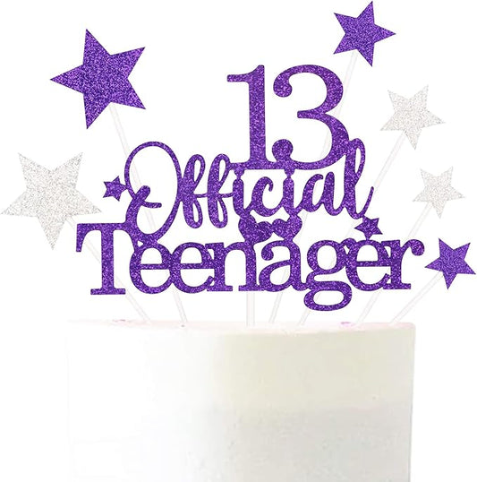 Glittery 13 Ofiicial Teenager Cake Topper with Star,13th Happy Birthday Cake Topper Party Decorations Party Supplies for Boys Girls Purple Silver