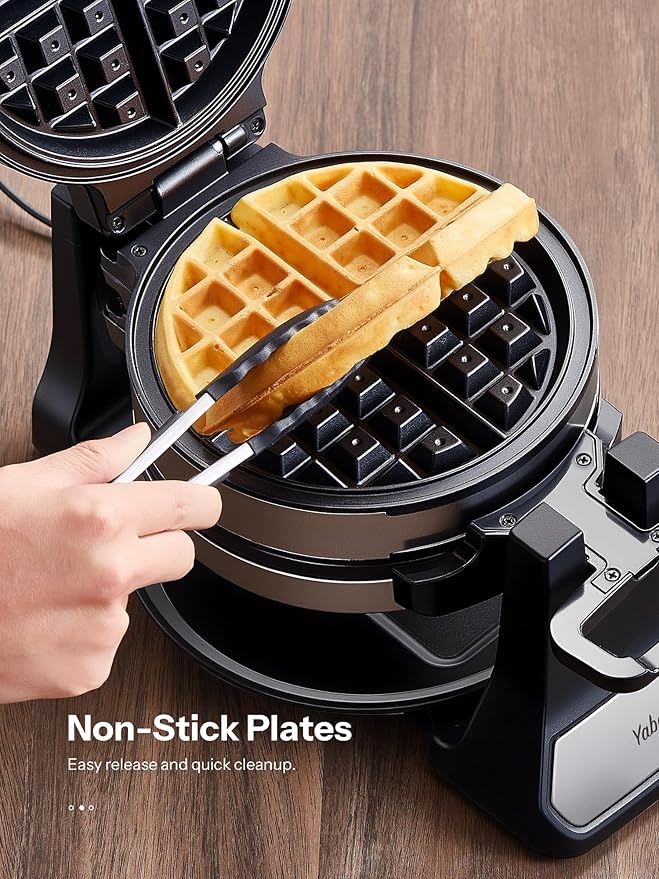 Belgian Waffle Maker, Classic Rotating Waffle Iron with Nonstick Plates, Removable Drip Tray and Cool Touch Handles, Double Flip Waffle, Rotating Belgium Waflera Maker by Yabano, Brushed Stainless