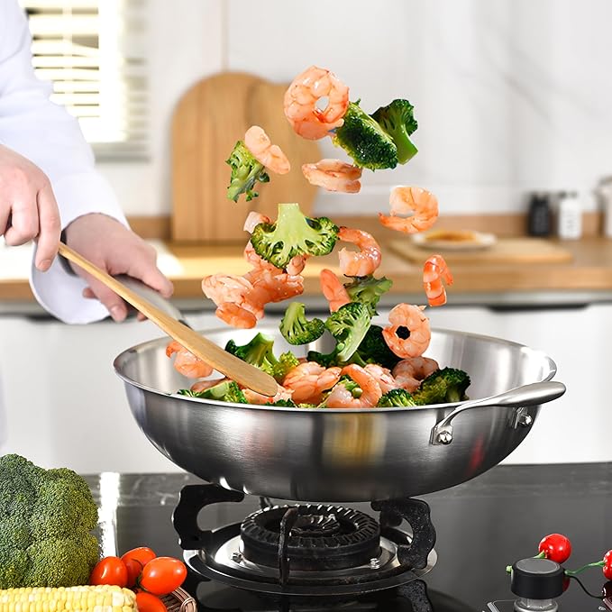 LOLYKITCH Tri-Ply 14.5 Inch Stainless Steel Wok Pan with Steel Lid, Stir-Fry Pan,Induction Cooking Pan,Dishwasher and Oven Safe