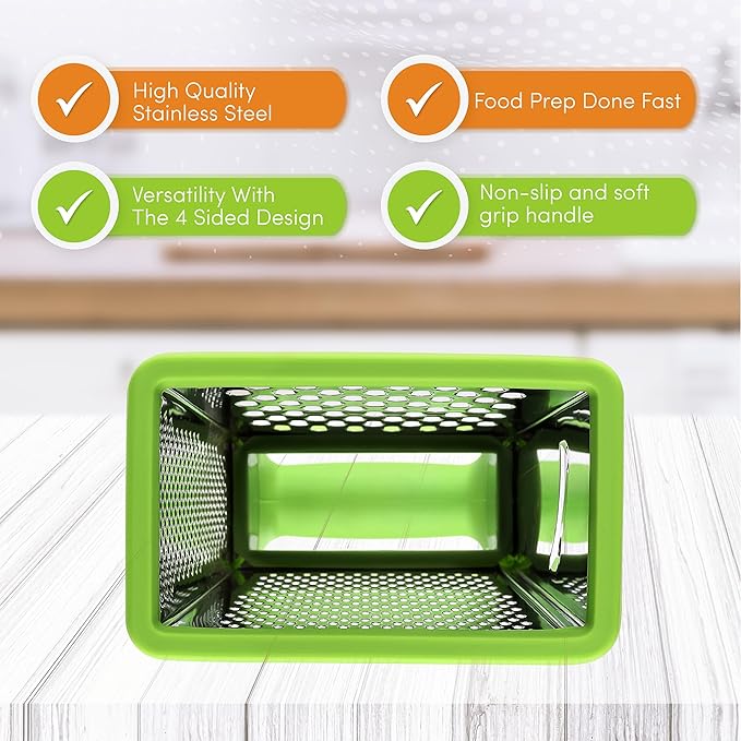 Spring Chef Professional Green 10" Stainless Steel Parmesan Cheese Grater with Handle, 4 Sided Handheld Box Grater, Kitchen Carrot Shredder for Potato, Cheese, Ginger, Vegetables
