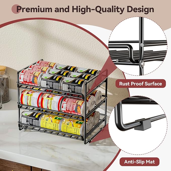 SUFAUY 3 Tier Can Organizer for Pantry, Holds 36 Cans for Cabinet Storage or Kitchen Shelves, 12" d X 16.5" w X 14" h, Black