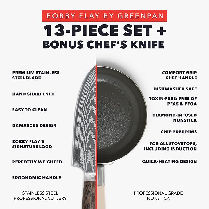 GreenPan x Bobby Flay 13 Piece Cookware Pots and Pans Set and 8" Chef's Knife. PFAS & PFOA-Free Ceramic Nonstick, Induction Suitable, Stay-Cool Silicone Handle, Dishwasher & Oven Safe, Cream