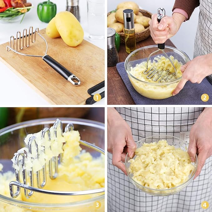 Potato Masher, Large Heavy Duty Stainless Steel Mashed Potato Masher Kitchen Tool, Professional Metal Wire Smasher for Bean, Avocado, Vegetable-10.24 inch （Silver）