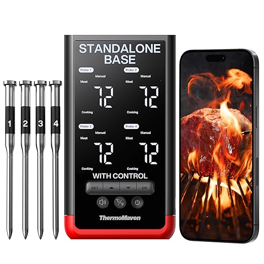 Smart Bluetooth Wireless Meat Thermometer: Standalone Base, WiFi Unlimited Range, 6 Sensors with NIST Certified Accuracy, 4 Probes for Kitchen, BBQ, Grill, Oven, Smoker, Rotisserie