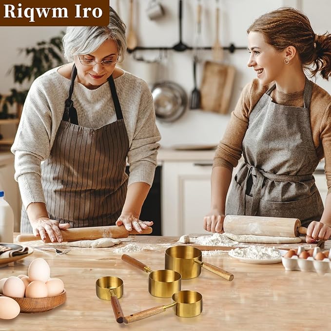 4 Piece gold measuring cups set，Golden Stainless Steel Measuring Cup and spoons set with Wooden Handle for Food/Liquid/Baking in the Kitchen