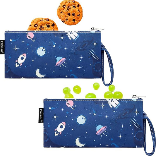 Reusable Sandwich Bag/Snack Bag for Kids & Adults, Dual Layer Lunch Bag with Handle, Washable, Food Safe, BPA Free (2-Pack, Astronaut)