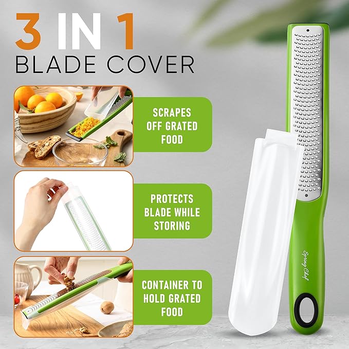 Spring Chef Premium Lemon Zester Grater with Handle - Orange, Garlic, Ginger, Nutmeg, Cheese Grater- Handheld Sharp Kitchen Tool - Stainless Steel Citrus Zester with Blade Cover - Fine Shred, Green