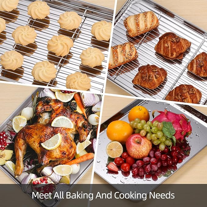 Baking Sheet with Cooling Rack Set of 6, 3 Premium Stainless Steel Cookie Sheets and 3 Wire Racks, Kitchen Nonstick Baking Pans Set Includes 3 Different Sizes, Heavy Duty Non Toxic