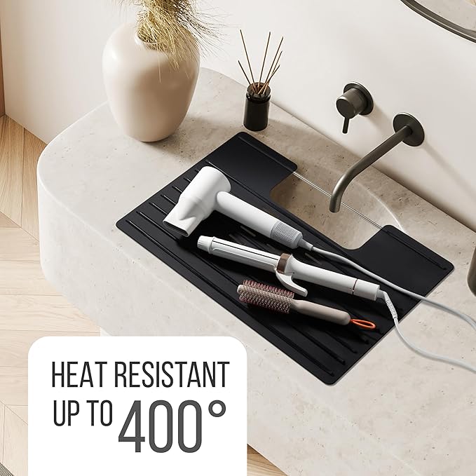 Maplefield Bathroom Sink Cover for Counter Space - 22 x 2 x 2 in Black Silicone - Heat Resistant Sink Cover up to 400°F & Foldable Design for Getting Ready - Makeup Mat with Ridges