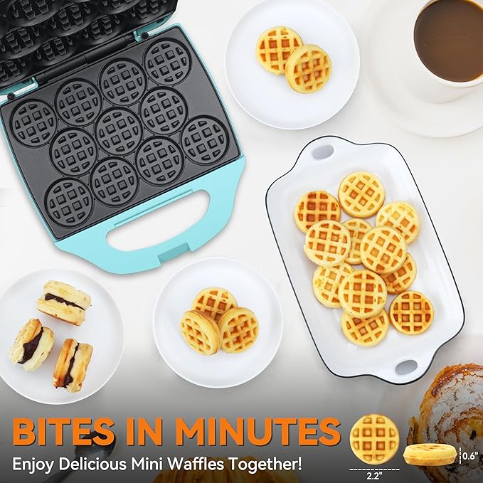 Baker's Friend, Bite-size Mini Waffle Maker for Kids & Adults, Small Waffle Maker Mini Belgian Waffle Machine, 11 X 2.2” Tiny Nonstick Waffles Iron, Recipe Included, Aqua