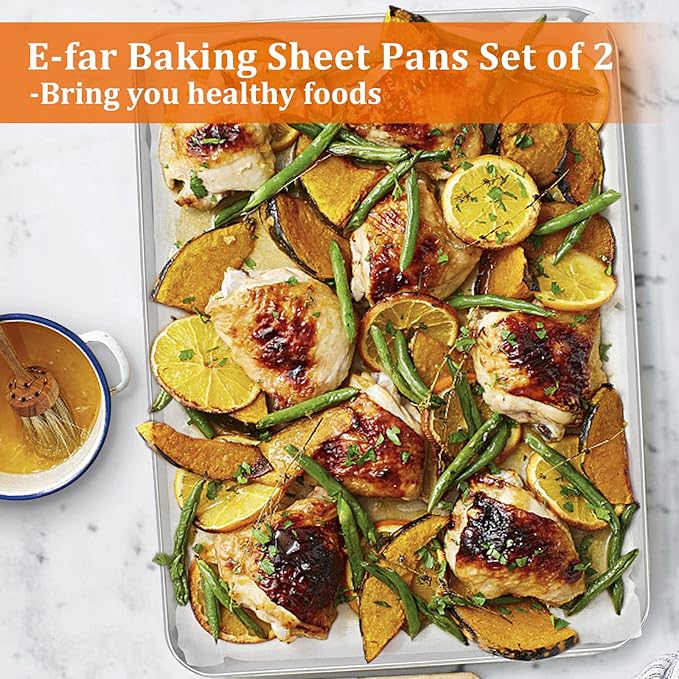 E-far Baking Cookie Sheet Set of 2, 16”x12” Stainless Steel Baking Sheet Pan with 50 Parchment Paper, Rectangle Baking Tray for Cooking Roasting, Rust Free & Heavy Duty, Oven & Dishwasher Safe