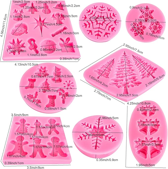 Christmas Silicone Molds Snowflake Molds Mini Xmas Fondant Chocolate Candy Cake Molds Christmas Snowman Tree Snowflake Holly Leaves Santa Claus Baking Molds for Xmas New Year Party Cake Decor